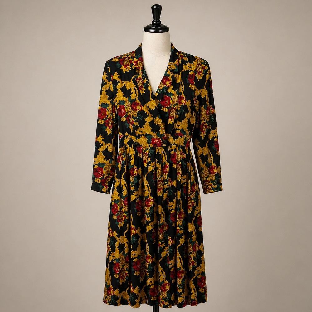 Vintage‎ 90s Maggy Boutique Baroque Floral Midi Dress 14 Black Red Gold Regency